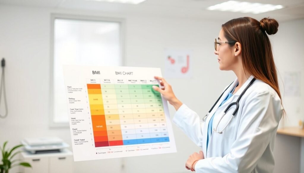 Woman doctor explaining BMI chart to female patient Woman doctor explaining BMI chart to female patient
